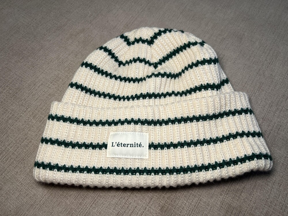 H&M Hat Beanie Womens One Size White Striped Knit L'eternite Logo Winter Soft